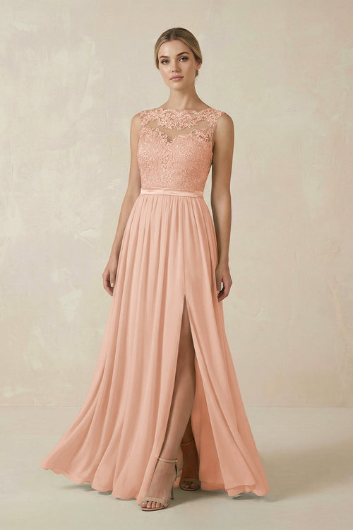 Lace A - Line Bateau Neck Chiffon Long Bridesmaid Dress in English Rose - KissProm Bridesmaid Dresses