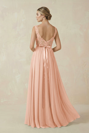 Lace A - Line Bateau Neck Chiffon Long Bridesmaid Dress in English Rose - KissProm Bridesmaid Dresses