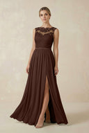 Lace A - Line Bateau Neck Chiffon Long Bridesmaid Dress in Espresso - KissProm Bridesmaid Dresses