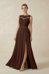 Lace A - Line Bateau Neck Chiffon Long Bridesmaid Dress in Espresso - KissProm Bridesmaid Dresses