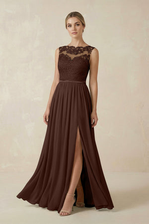 Lace A - Line Bateau Neck Chiffon Long Bridesmaid Dress in Espresso - KissProm Bridesmaid Dresses