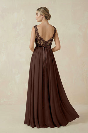 Lace A - Line Bateau Neck Chiffon Long Bridesmaid Dress in Espresso - KissProm Bridesmaid Dresses