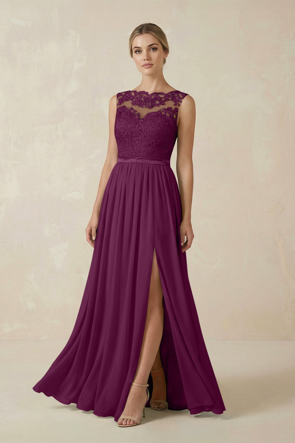 Lace A - Line Bateau Neck Chiffon Long Bridesmaid Dress in Fig - KissProm Bridesmaid Dresses