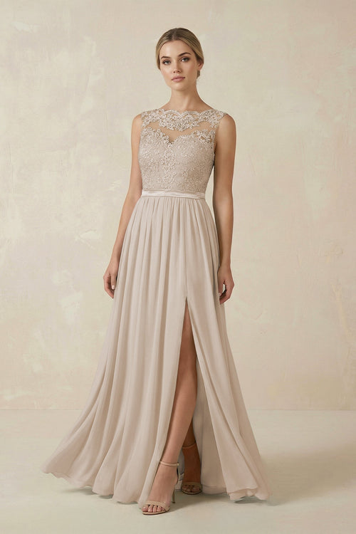 Lace A - Line Bateau Neck Chiffon Long Bridesmaid Dress in Frost - KissProm Bridesmaid Dresses