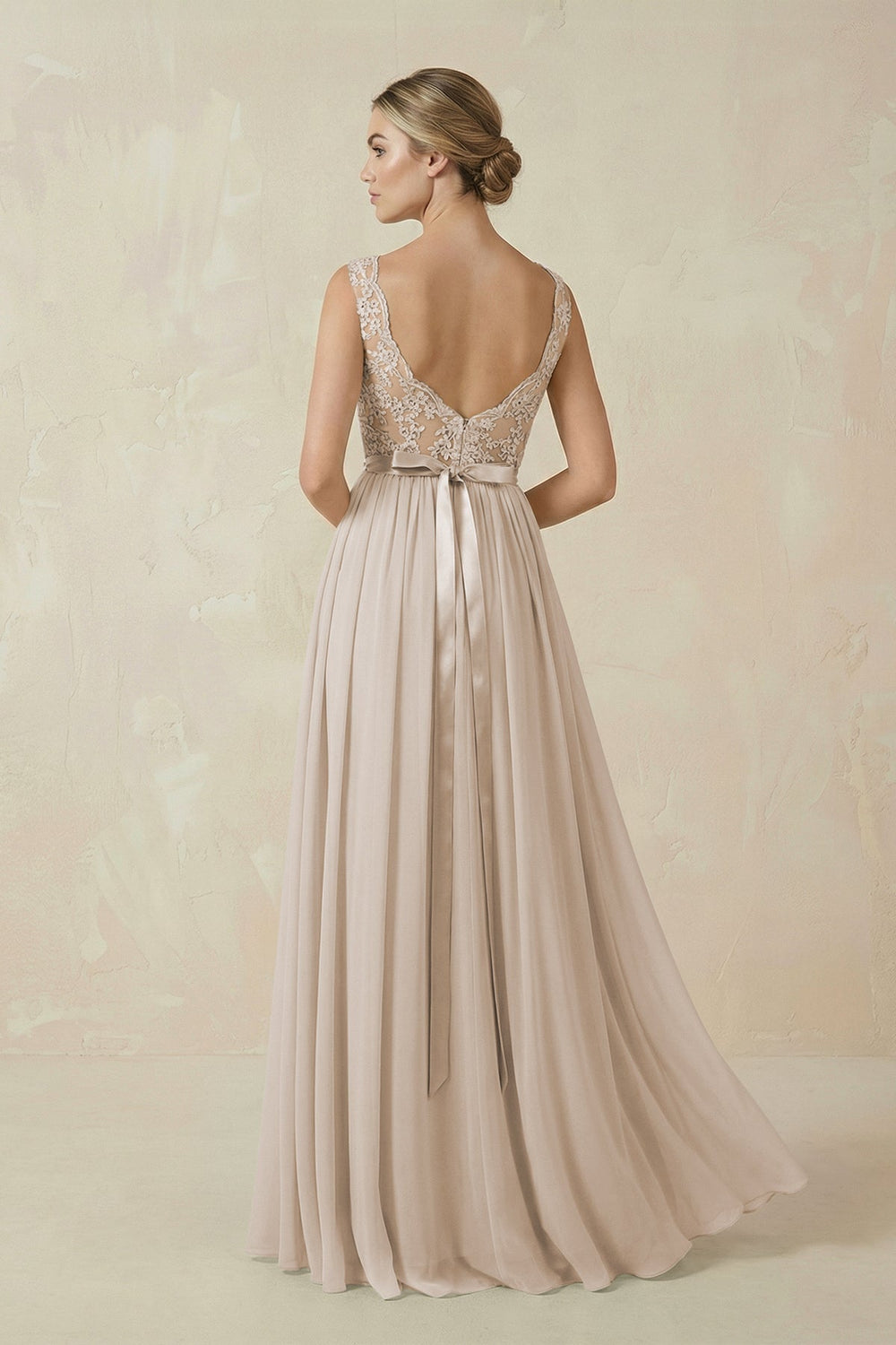 Lace A - Line Bateau Neck Chiffon Long Bridesmaid Dress in Frost - KissProm Bridesmaid Dresses