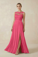 Lace A - Line Bateau Neck Chiffon Long Bridesmaid Dress in Fuchsia - KissProm Bridesmaid Dresses