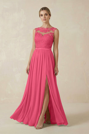 Lace A - Line Bateau Neck Chiffon Long Bridesmaid Dress in Fuchsia - KissProm Bridesmaid Dresses