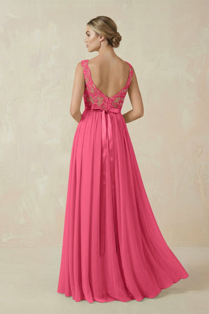 Lace A - Line Bateau Neck Chiffon Long Bridesmaid Dress in Fuchsia - KissProm Bridesmaid Dresses