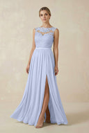 Lace A - Line Bateau Neck Chiffon Long Bridesmaid Dress in Ice - KissProm Bridesmaid Dresses