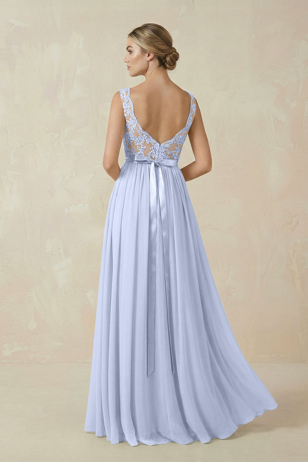 Lace A - Line Bateau Neck Chiffon Long Bridesmaid Dress in Ice - KissProm Bridesmaid Dresses