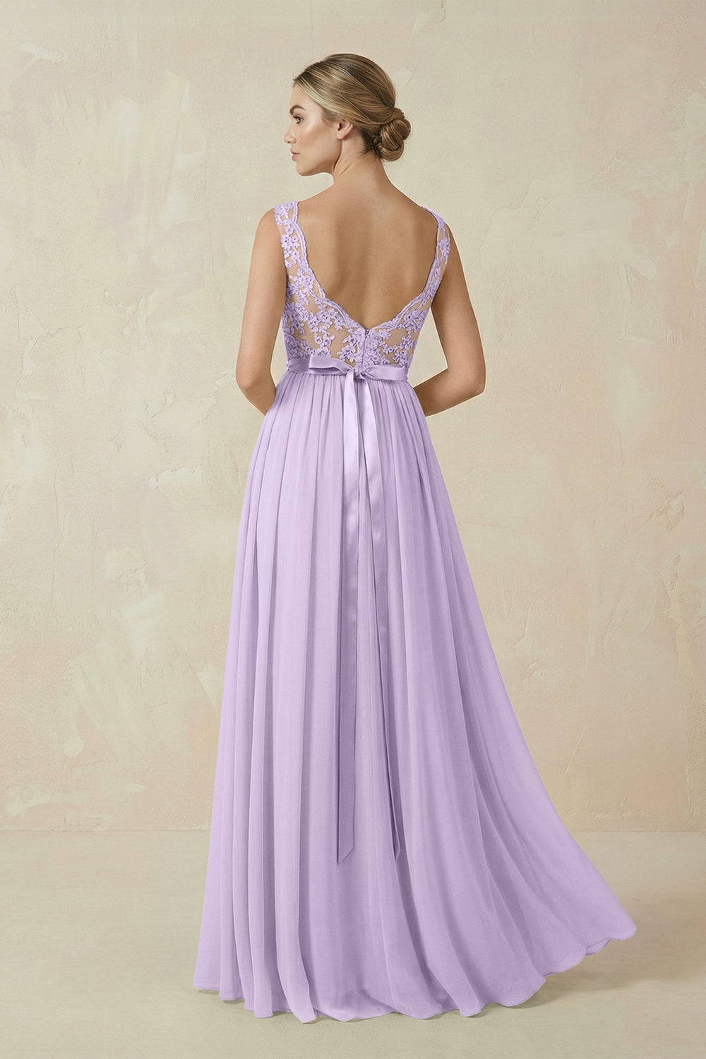 Lace A - Line Bateau Neck Chiffon Long Bridesmaid Dress in Lavender - KissProm Bridesmaid Dresses
