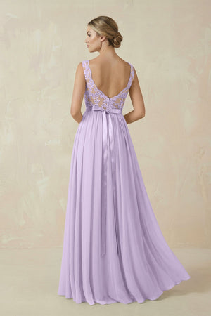 Lace A - Line Bateau Neck Chiffon Long Bridesmaid Dress in Lavender - KissProm Bridesmaid Dresses
