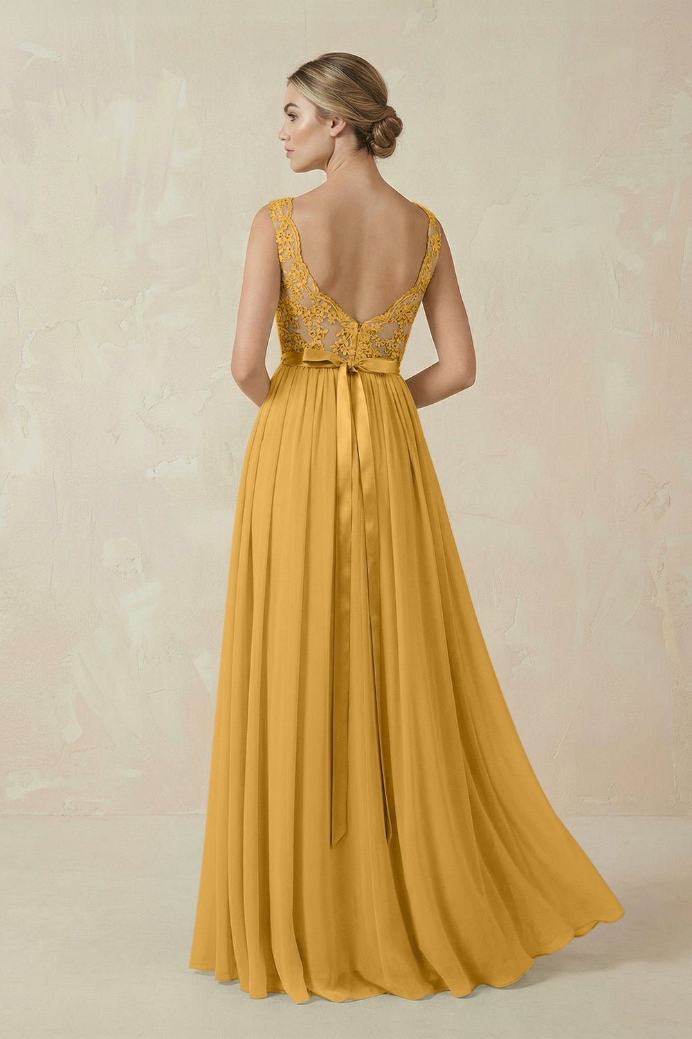 Lace A - Line Bateau Neck Chiffon Long Bridesmaid Dress in Marigold - KissProm Bridesmaid Dresses