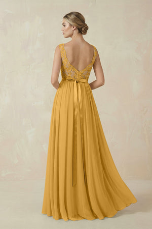 Lace A - Line Bateau Neck Chiffon Long Bridesmaid Dress in Marigold - KissProm Bridesmaid Dresses
