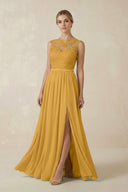 Lace A - Line Bateau Neck Chiffon Long Bridesmaid Dress in Marigold - KissProm Bridesmaid Dresses