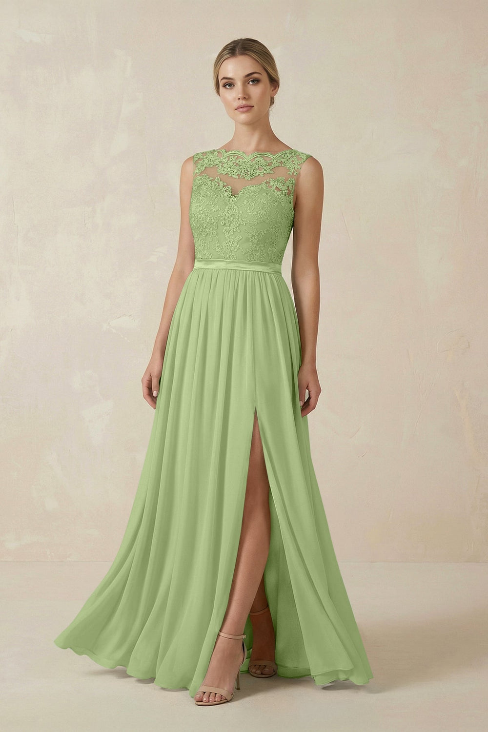 Lace A - Line Bateau Neck Chiffon Long Bridesmaid Dress in Matcha - KissProm Bridesmaid Dresses