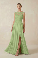 Lace A - Line Bateau Neck Chiffon Long Bridesmaid Dress in Matcha - KissProm Bridesmaid Dresses