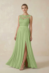 Lace A - Line Bateau Neck Chiffon Long Bridesmaid Dress in Matcha - KissProm Bridesmaid Dresses