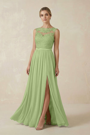 Lace A - Line Bateau Neck Chiffon Long Bridesmaid Dress in Matcha - KissProm Bridesmaid Dresses