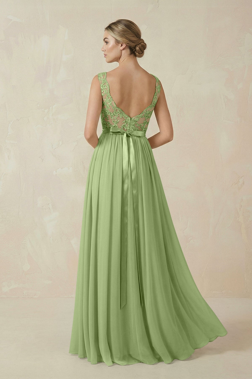 Lace A - Line Bateau Neck Chiffon Long Bridesmaid Dress in Matcha - KissProm Bridesmaid Dresses