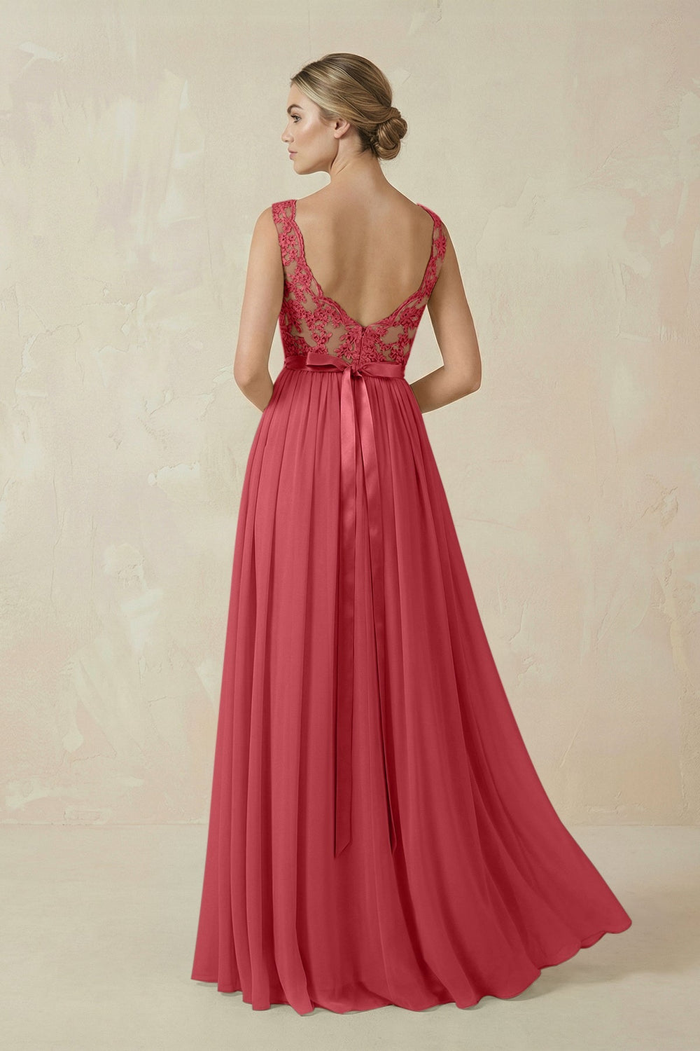 Lace A - Line Bateau Neck Chiffon Long Bridesmaid Dress in Merlot - KissProm Bridesmaid Dresses