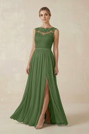 Lace A - Line Bateau Neck Chiffon Long Bridesmaid Dress in Moss - KissProm Bridesmaid Dresses