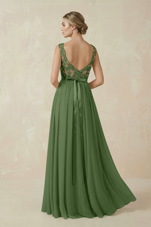 Lace A - Line Bateau Neck Chiffon Long Bridesmaid Dress in Moss - KissProm Bridesmaid Dresses