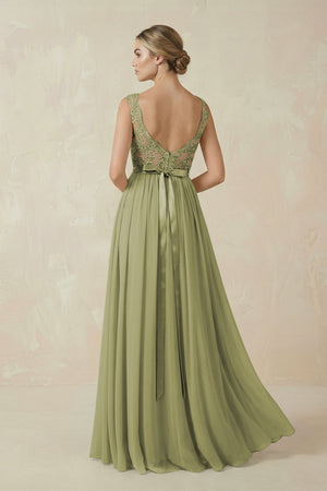 Lace A - Line Bateau Neck Chiffon Long Bridesmaid Dress in Moss Green - KissProm Bridesmaid Dresses