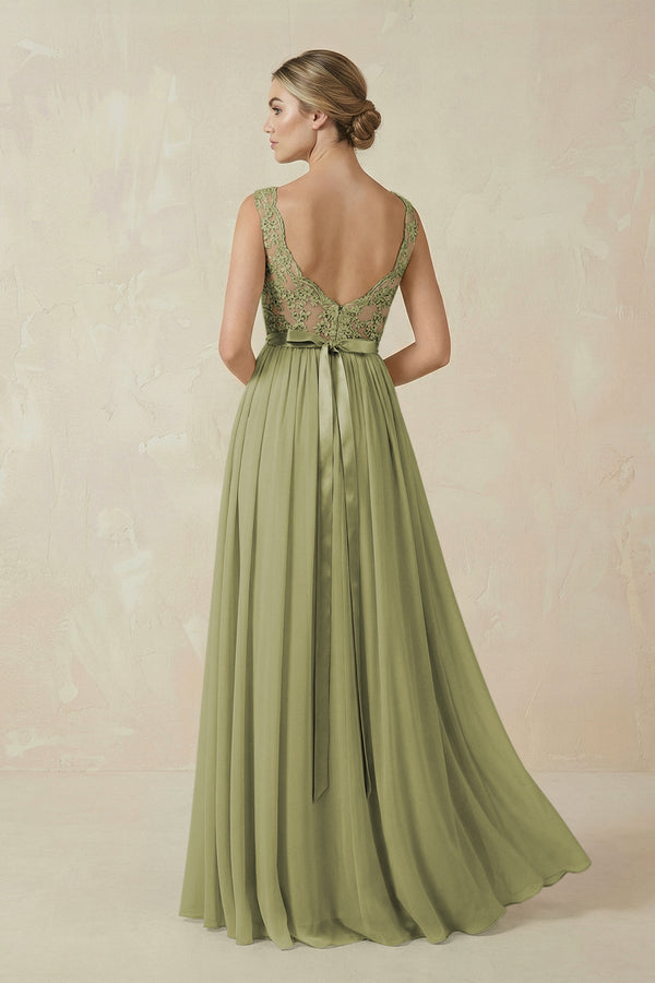 Lace A - Line Bateau Neck Chiffon Long Bridesmaid Dress in Moss Green - KissProm Bridesmaid Dresses