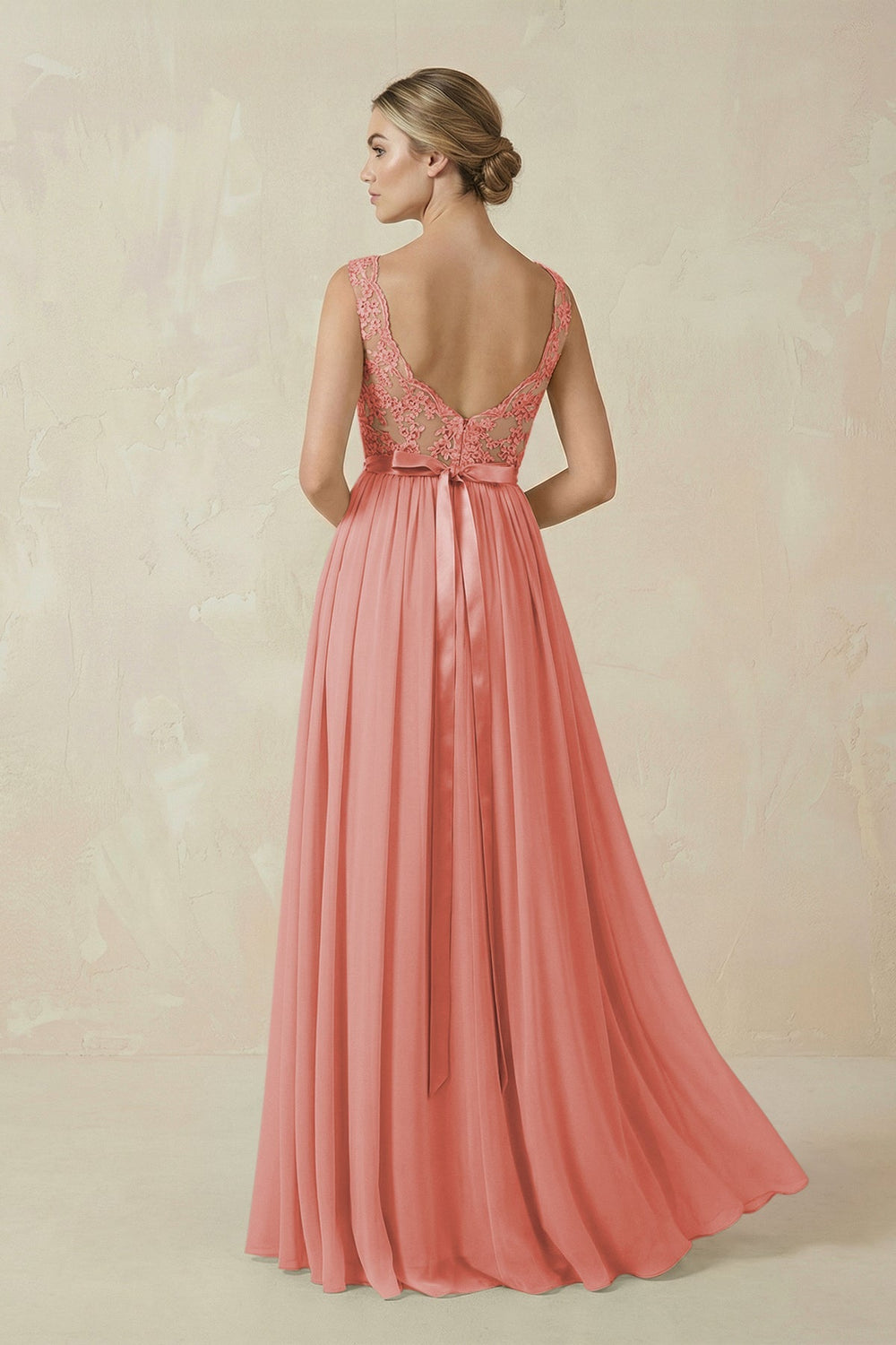 Lace A - Line Bateau Neck Chiffon Long Bridesmaid Dress in Mulberry - KissProm Bridesmaid Dresses