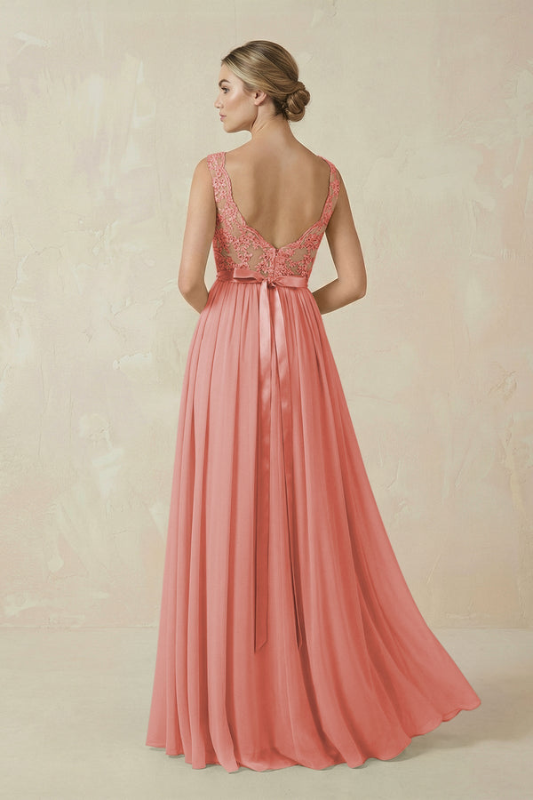 Lace A - Line Bateau Neck Chiffon Long Bridesmaid Dress in Mulberry - KissProm Bridesmaid Dresses
