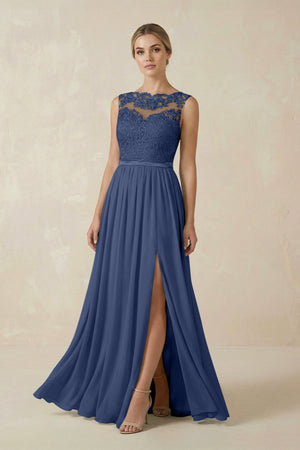 Lace A - Line Bateau Neck Chiffon Long Bridesmaid Dress in Navy - KissProm Bridesmaid Dresses