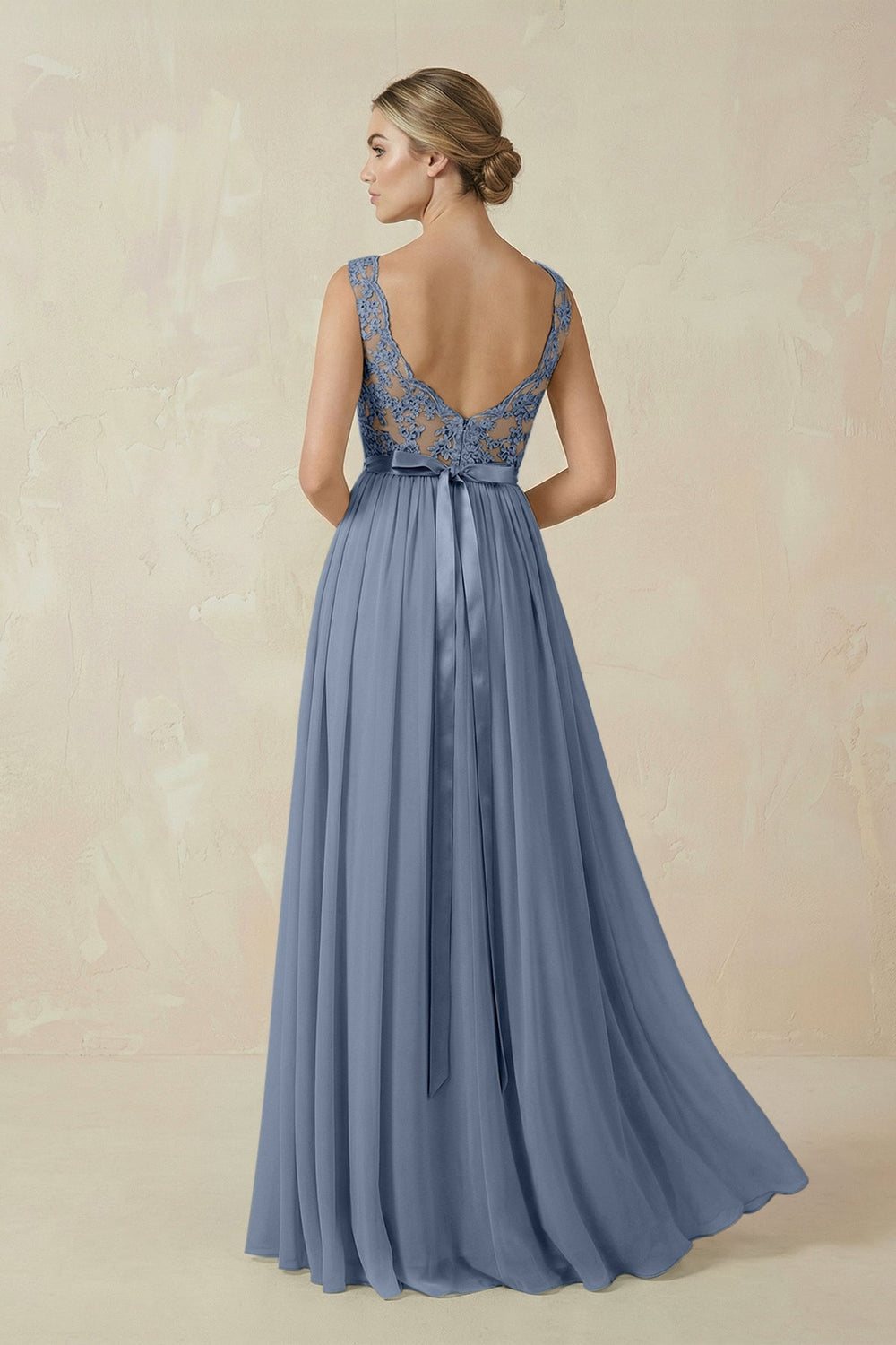 Lace A - Line Bateau Neck Chiffon Long Bridesmaid Dress in Neptune - KissProm Bridesmaid Dresses