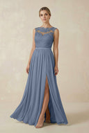 Lace A - Line Bateau Neck Chiffon Long Bridesmaid Dress in Neptune - KissProm Bridesmaid Dresses