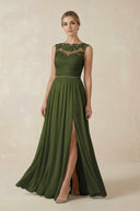 Lace A - Line Bateau Neck Chiffon Long Bridesmaid Dress in Olive - KissProm Bridesmaid Dresses