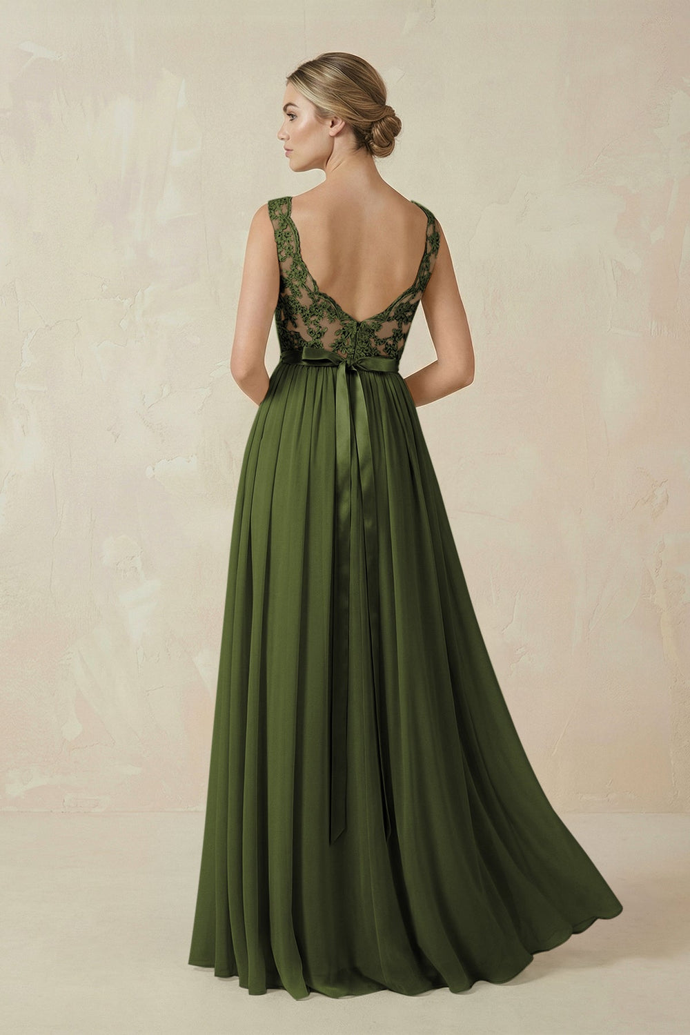 Lace A - Line Bateau Neck Chiffon Long Bridesmaid Dress in Olive - KissProm Bridesmaid Dresses