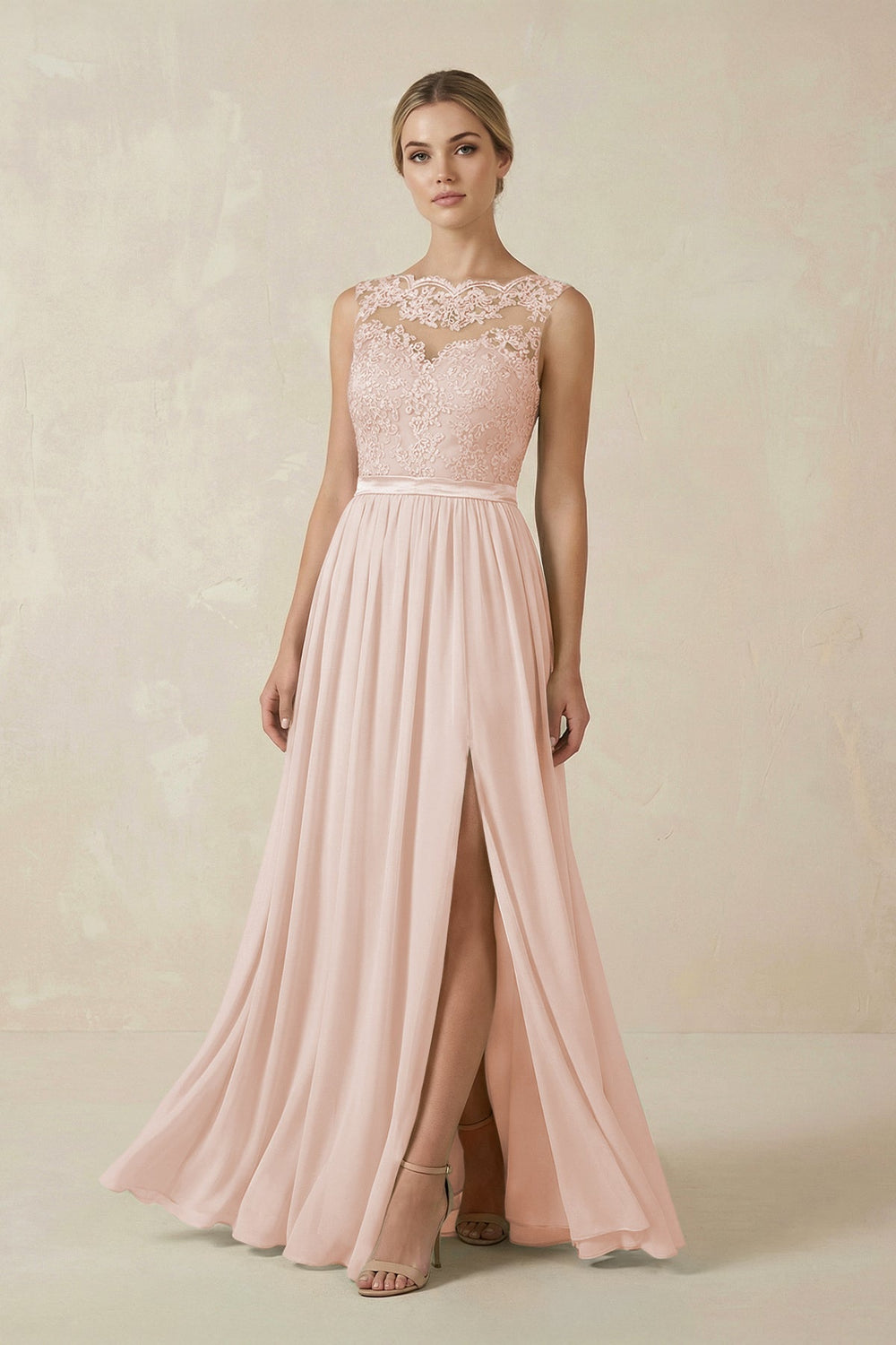 Lace A - Line Bateau Neck Chiffon Long Bridesmaid Dress in Pale Blush - KissProm Bridesmaid Dresses