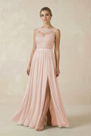 Lace A - Line Bateau Neck Chiffon Long Bridesmaid Dress in Pale Blush - KissProm Bridesmaid Dresses