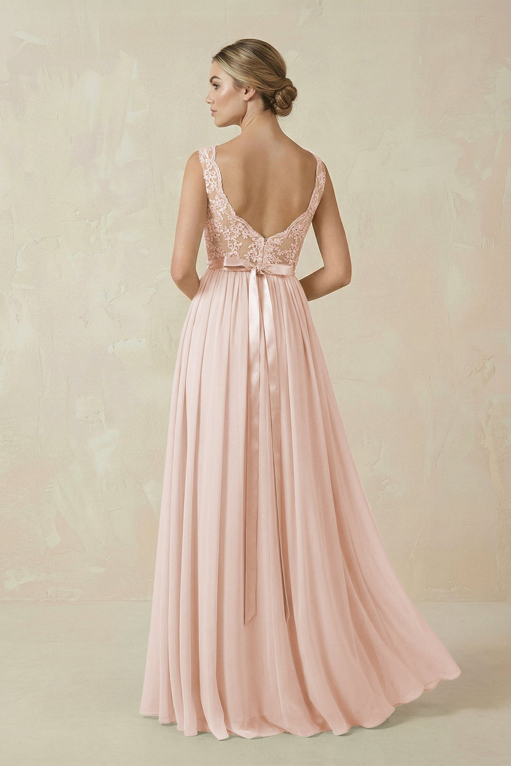 Lace A - Line Bateau Neck Chiffon Long Bridesmaid Dress in Pale Blush - KissProm Bridesmaid Dresses