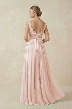Lace A - Line Bateau Neck Chiffon Long Bridesmaid Dress in Pale Blush - KissProm Bridesmaid Dresses