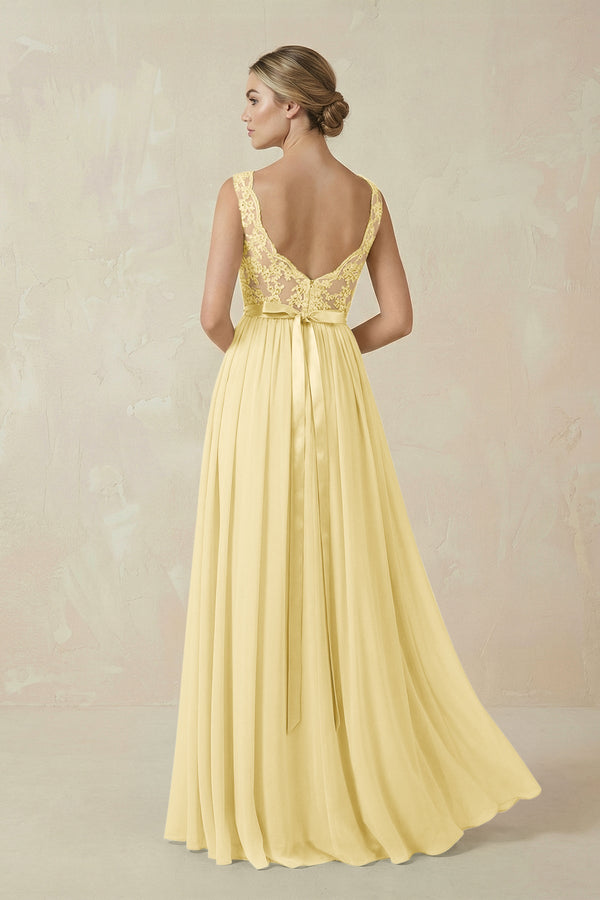 KissProm Lace A-Line Bateau Neck Chiffon Long Bridesmaid Dress in Pastel Yellow, Pastel Yellow / 22