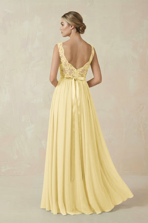 Lace A - Line Bateau Neck Chiffon Long Bridesmaid Dress in Pastel Yellow - KissProm Bridesmaid Dresses