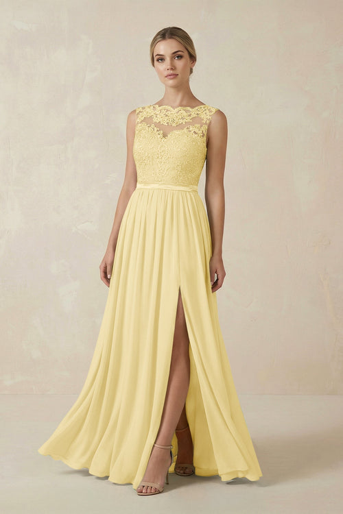 Lace A - Line Bateau Neck Chiffon Long Bridesmaid Dress in Pastel Yellow - KissProm Bridesmaid Dresses