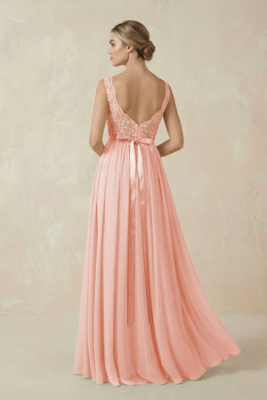 Lace A - Line Bateau Neck Chiffon Long Bridesmaid Dress in Rose Petal - KissProm Bridesmaid Dresses
