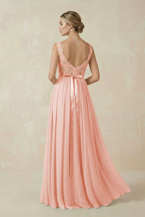 Lace A - Line Bateau Neck Chiffon Long Bridesmaid Dress in Rose Petal - KissProm Bridesmaid Dresses