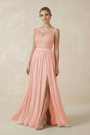 Lace A - Line Bateau Neck Chiffon Long Bridesmaid Dress in Rose Petal - KissProm Bridesmaid Dresses