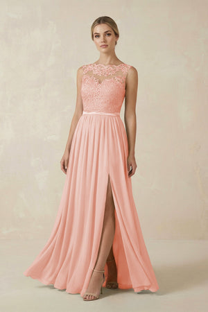 Lace A - Line Bateau Neck Chiffon Long Bridesmaid Dress in Rose Petal - KissProm Bridesmaid Dresses