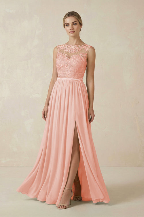 Lace A - Line Bateau Neck Chiffon Long Bridesmaid Dress in Rose Petal - KissProm Bridesmaid Dresses