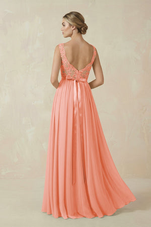 Lace A - Line Bateau Neck Chiffon Long Bridesmaid Dress in Rosette - KissProm Bridesmaid Dresses