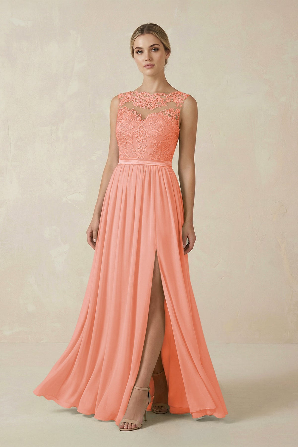 Lace A - Line Bateau Neck Chiffon Long Bridesmaid Dress in Rosette - KissProm Bridesmaid Dresses